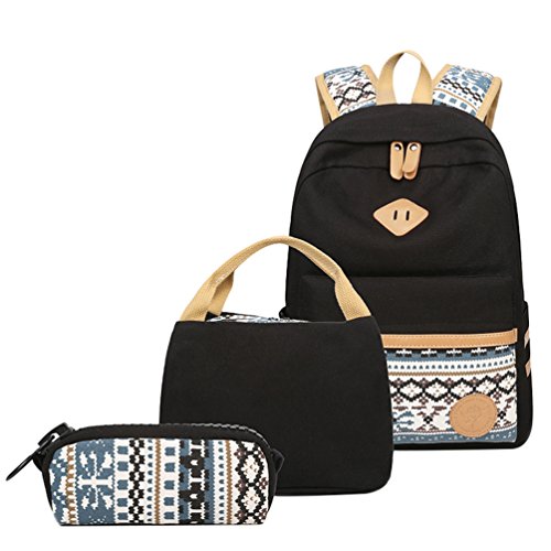 Lau s Mochilas Conjunto para Niñas Lona Escolar   Bolsas térmicas   Estuche Negro Rayas