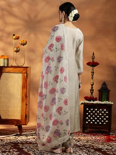 Image of Libas Yoke Design Silk Blend Straight Kurta With Trouser and Dupatta