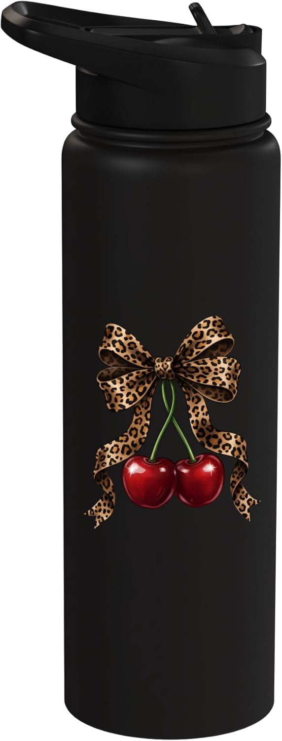 Cherry Bow Coquette Red Cherries Stainless Steel Insulated Water Bottle