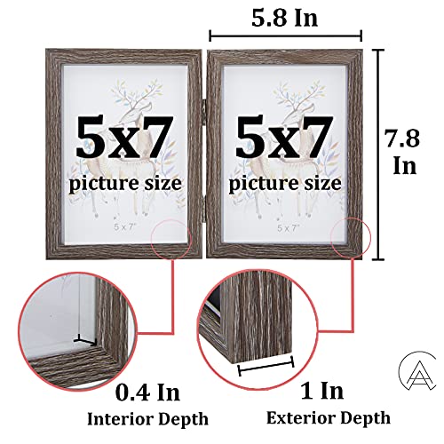 Aevete 5X7 Double Picture Frames Hinged Wood Folding Picture Frames Vertically Display, Real Glass Front, Gray #TOP3