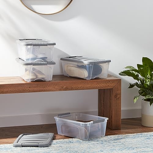 Image of Amazon Basics Plastic Storage Containers with Secure Latching Lids, Stackable Organization Bins, Clear /Grey, 12 Quart, Set of 6