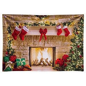 Funnytree 7x5ft Durable Christmas Fireplace Backdrop No Wrinkles Fabric Interior Vintage Xmas Tree Stockings Photography…