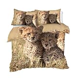 WWZZ 2 Cheetahs Snuggle Pattern Bedding Set 3Pcs, Duvet Cover Set with 2 Pillowcase for Kids Adult,
