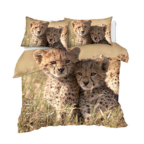 Wwzz 2 Cheetahs Snuggle Pattern Bedding Set 3Pcs, Duvet Cover Set With 2 Pillowcase For Kids Adult, Soft Microfiber,Eu King #TOP5