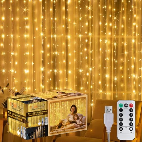 TechPride 300 LED Curtain String Light | Warm White Fairy Lights with Plastic Hooks & Remote | 8 Lighting Modes | Indoor Outdoor Decoration Lights for Diwali, Wedding, Wall, Balcony, Party, Home Décor