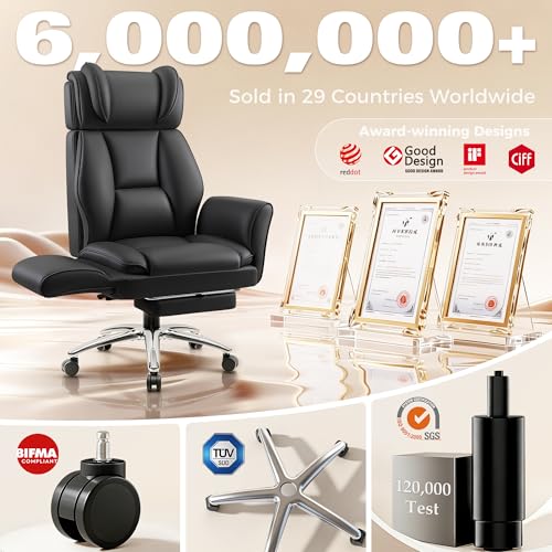 Image of Big and Tall Office Chair, Flip Armrests for Pets & Cross Legged Sitting, Ergonomic Leather Executive Desk Chair with Foot Rest, High-Back Reclining Computer Chairs for Home Office Gaming, Black