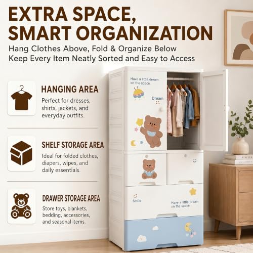 Image of StarAndDaisy Kids Wardrobe /Multifunctional Collapsible Plastic Wardrobe /Almirah for Kids- Storage Cabinet - Dustproof Baby /Wardrobe Organizer for Clothes, Toys - Cute Bear