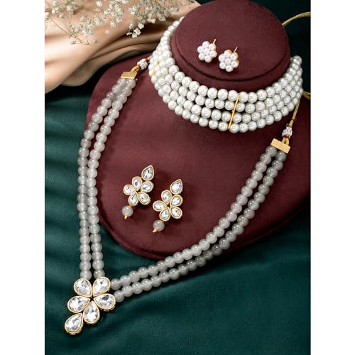 Image of Peora Crystal Faux Pearl Kundan Necklace & Jewellery Set Gift for Women