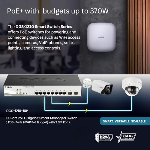 Image of D-Link 10-Port Gigabit Smart Managed PoE+ Switch | 8 PoE+ Ports (65W) + 2 SFP Ports | L2+ | VLANs | Web Managed | Surveillance Mode | Desktop or Rackmount | Fanless | NDAA Compliant DGS-1210-10P