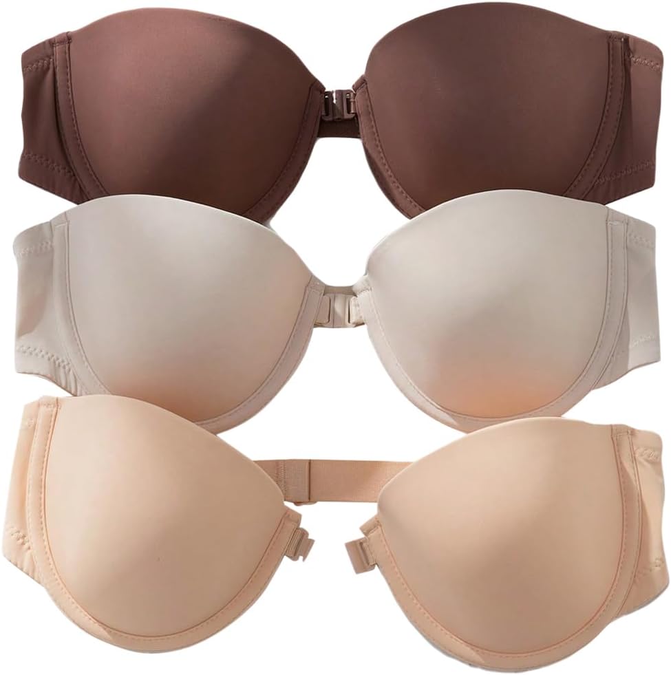 SOLY HUX Strapless Bras for Women 3 Piece Front Closure Underwire Bra Bandeau Invisible Bralette