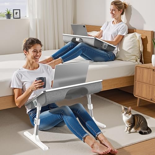 Image of 2-in-1 Bed & Lap Desk with Soft Cushion, Adjustable Height & Angle | Wrist Rest, Leather, iPad Holder & Stopper - Foldable Laptop Stand for Bed & Couch, Portable Bed Table Tray for Adults & Kids