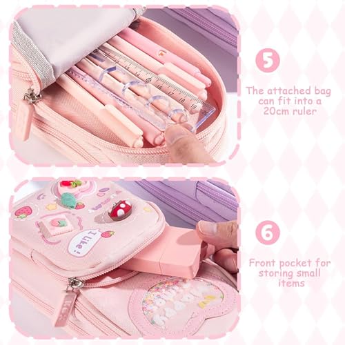 Image of Parshya Kawaii Pencil Case 3 Compartment Cute Pencil Case Aesthetic Pencil Pouch for Girls Large Capacity Pen Pencil Pouch Multifunctional Stationery Organizer for School Office (Happy Time Pink)