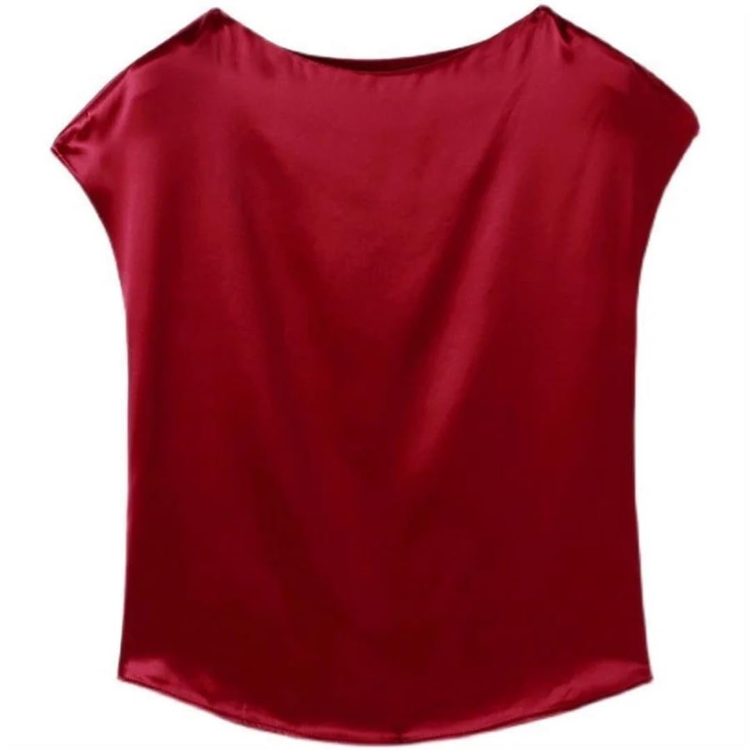 Camicette da donna in tinta unita, casual, ampie, da ufficio, da donna, estive, a maniche corte, con scollo rotondo, in raso