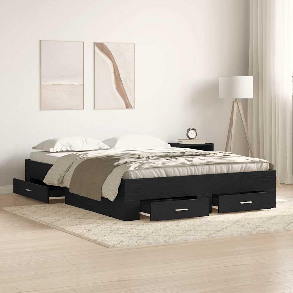 vidaXL Bettrahmen Schwarz Eichen-Optik 140 x 200 cm Holzwerkstoff, Stylisches Stauraum-Bettgestell, rechteckiges Minimalistendesign, Möbel aus Holz für Moderne Schlafzimmer