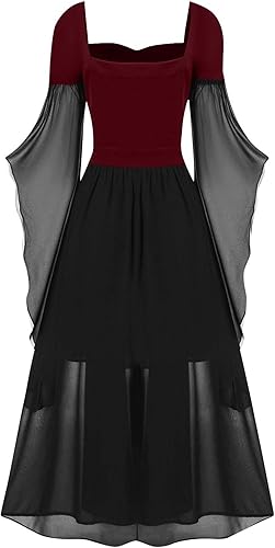 Miniatura 5 de Conjunto bohemio de vestido gótico punk para mujer, vestido gótico de cintura alta, disfraz de Halloween, mangas de trompeta, conjunto bohemio