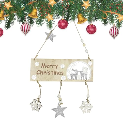 Image of WedDecor Elegant Merry Christmas Hanging Sign Plaque with Silver Glitter Snowflakes & Stars, Festive Wall Decoration Dangler for Door, Tree, Window Perfect Xmas Holiday Décor Wooden Hanging Ornament