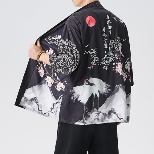 Image of PRIJOUHE Men's Lightweight Kimono Jacket Seven Sleeve Open Front Cardigan Coat Japanese Style Bathrobe