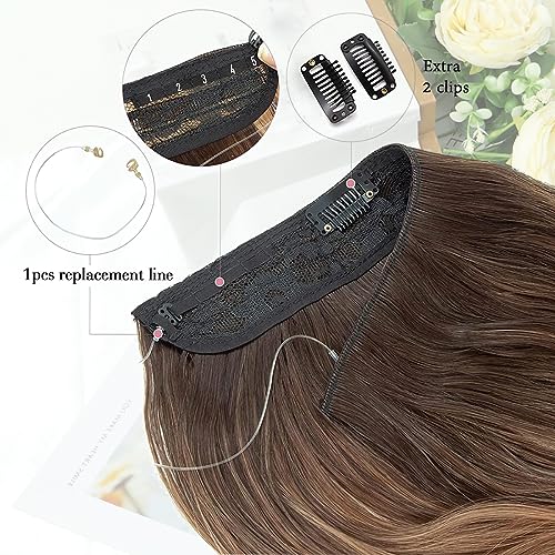 Invisible Wire Hair Extension Brown with Golden Highlights,12 Inch Wavy Synthetic Halo Hairpieces for Women Natural Volume for Everyday Wear Party & Wedding - Image 4