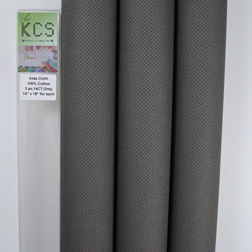 Image of KCS 3 pc of 15 inch x 18 inch Counted Cross Stitch Cotton Aida Cloth Needlework Fabric,14CT,Dark Grey