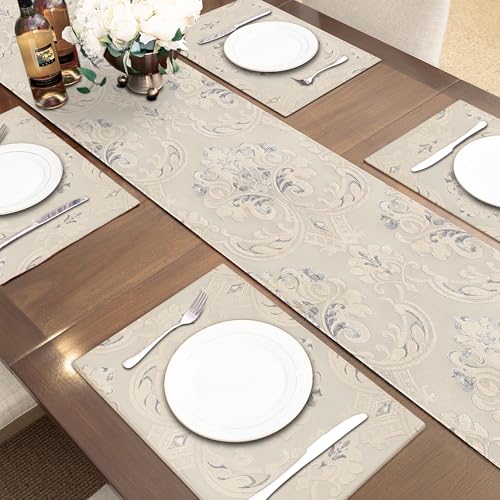 Loom and Mill Luxury Table Runner 120 Inches Long, Floral Jacquard Damask Dining Table Runner with Multi-Tassels for Dining Room Dresser Party Banquet Holiday Decorations(Light Apricot, 13*120 inch)