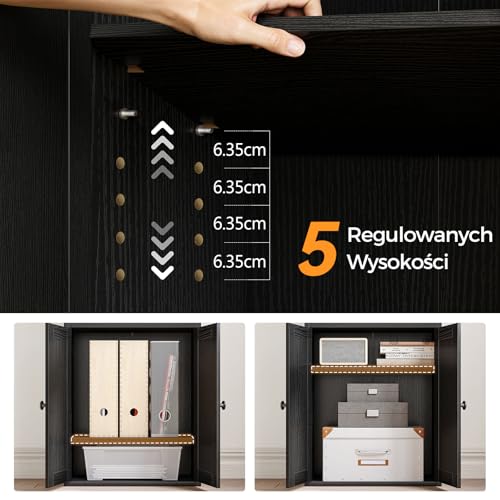 Coleshome 5-poziomowa biblioteczka z drzwiami i szafką, Podłogowa półka ekspozycyjno-magazynowa, Wysoka biblioteczka z szufladami do Domu, Biura, Salonu, Sypialni, Czarny, 48 x 24 x 164.2