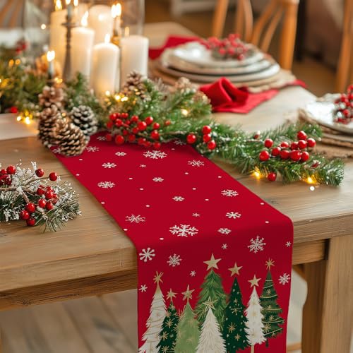 GEEORY Christmas Table Runner 13x120 Inch, Xmas Trees Snowflakes Holiday Decorative Farmhouse Table Decoration for Kitchen Dinning, Indoor Outdoor Dinner Party Decor (Red) GT150-120 by GEEORY - Image 2