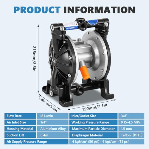 MXBAOHENG 18 l/min luftbetriebene Membranpumpe Pneumatische Doppelmembranpumpe mit 1/4„-Einlass und 1/2“-Auslass für den Einsatz in der chemischen Industrie