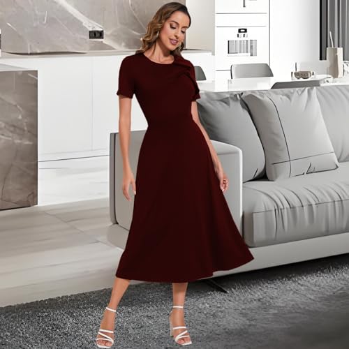 Image of shengfan Women's Casual A Line Swing Summer Dress Formal Short Sleeve Round Neck Wrap Evening Party Dresses