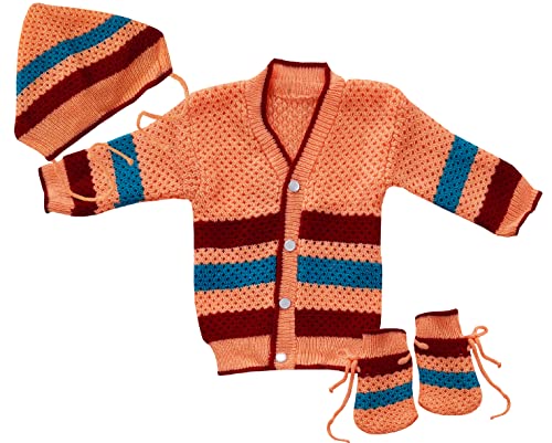 Image of little PANDA Unisex Baby Sweater Woollen Knitted Full Sleeves Sweater with Cap and Booties Set Woolen Sweater Baby Boys and Baby Girls