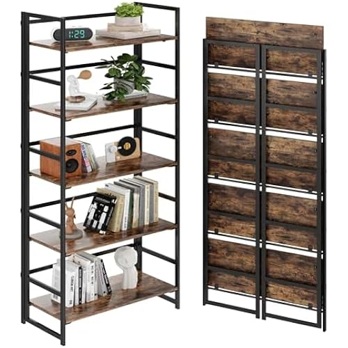 BHG Vintage Multifunctional Folding Bookshelf, No-Assembly Plant Stand Storage Rack Shelves for Home Office (Fire, 5-Tier)