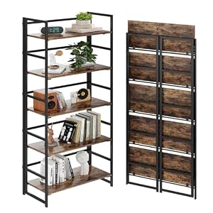 BHG Vintage Multifunctional Folding Bookshelf, No-Assembly Plant Stand Storage Rack Shelves for Home Office (Fire, 5-Tier)