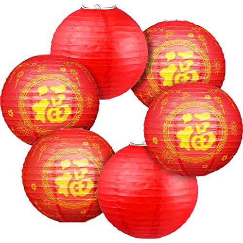 Sumind 6 Pieces 2025 Chinese New Year Round Paper Lanterns Decorations Lucky Golden Fu Character Lantern Fortune Coins, Round Hanging Decorations for Chinese Spring Festival