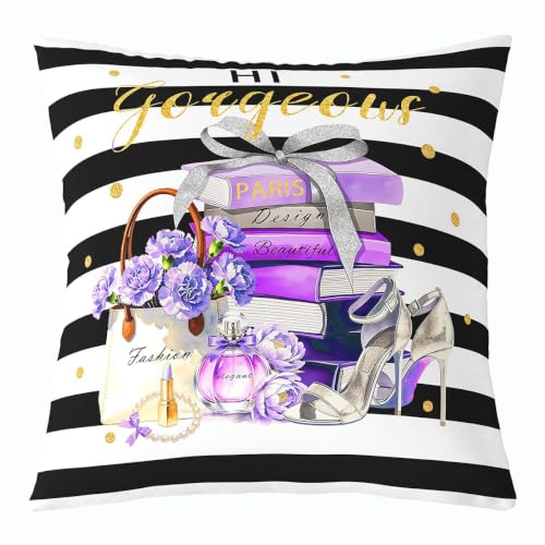 Feelyou Fashion Throw Pillow Covers 1 Pcs Black White Purple Square Cushion Covers Modern Inspirational Quotes Pillow Case Stripes Cushion Case for Couch Sofa Perfume Bedroom Decor 24 x 24-Inch