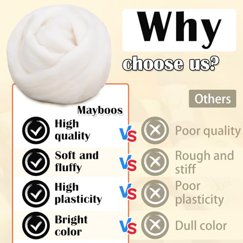 Image of Mayboos 1.76oz Original White Natural Wool Roving, Needle Felting Wool | Wool for Needle Felting for Wet /Dry Felting Handcrafts and Spinning Felting Supplies