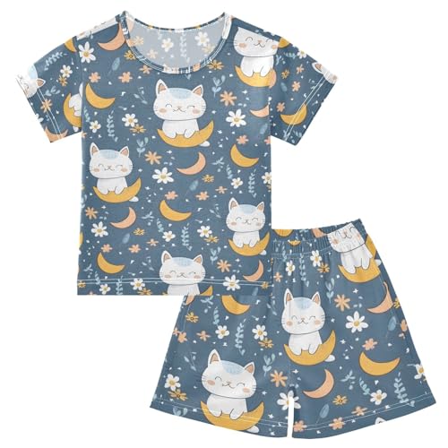 ALAZA Lovely Cat Moon Flower Pajamas Set Short Sleeve Cotton Sleepwear Summer Pjs 2 Piece 5-14Y