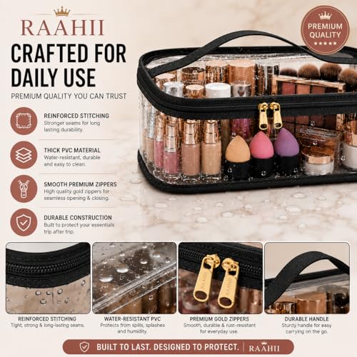 Image of RAAHII 4 Piece Transparent Makeup Organizer Bag for Women | Waterproof PVC Cosmetic Travel Pouch | Vanity & Toiletry Storage for Makeup, Skincare, Brushes & Accessories | Clear Organizer Case