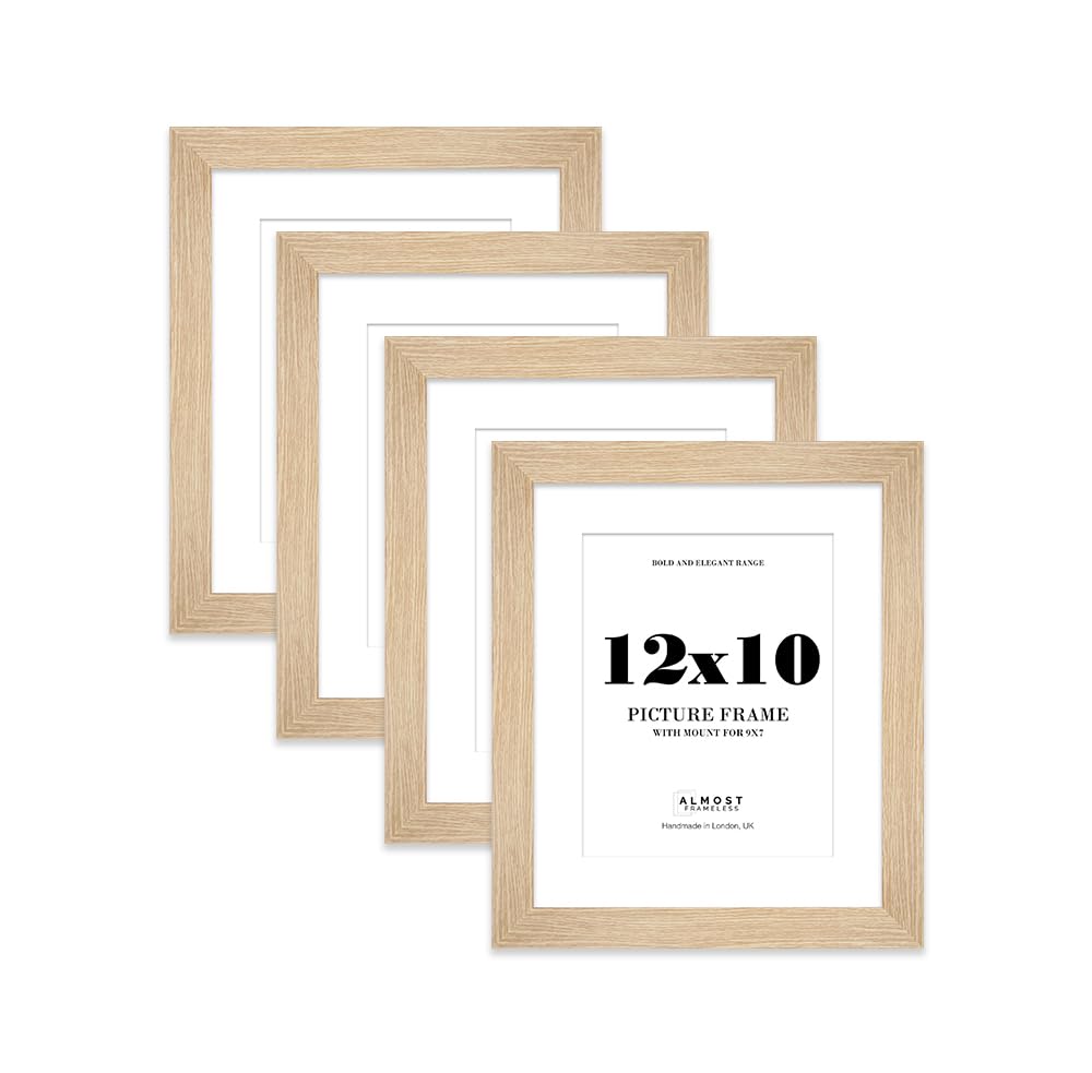 12x10 Oak Frame With Mount for 9x7 Pictures 28mm Edge Portrait and Landscape Display with Wall Hooks and Kickstand, 4 Pack