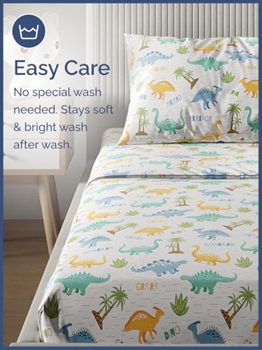 Image of Kids Queen Roaring Dinos Bed Sheets - 4 Piece Kids Roaring Dinos Sheet Set | Roaring Dinos Themed Bedding, Ultra-Soft, Cute & Cozy, Breathable & Machine Washable, Bed Set for Boys, Girls & Teens, Comfy