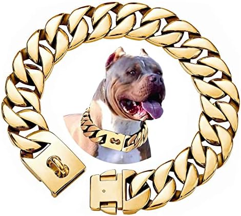 Big Dog Chain Collars, txprodogchains 32MM Thick Cuban Link Dog Collar Strong Metal Dog Cuban Link Collar with Buckle, Solid Stainless Steel Gold Dog Collars for Large Dogs