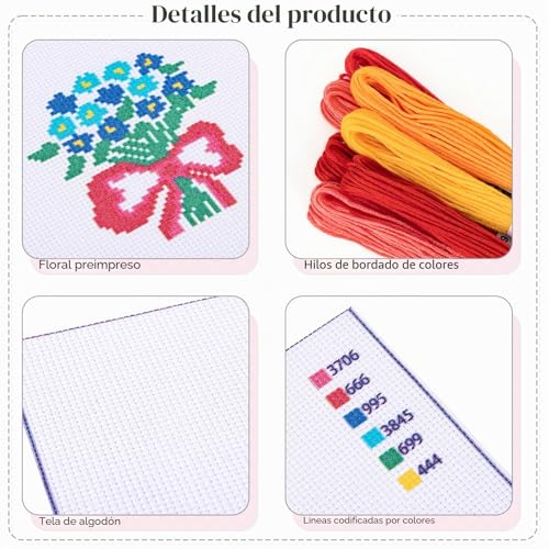 Miniatura 4 de Jsrqt 6 Piezas Kit De Inicio De Punto De Cruz Para Principiantes, Kit De Bordado Con Patrón De Flores Para Adultos Y Niños, Kit De Bordado Hecho A Mano Con 2 Aros De Bordado, Aguja E Hilos, Para Craft