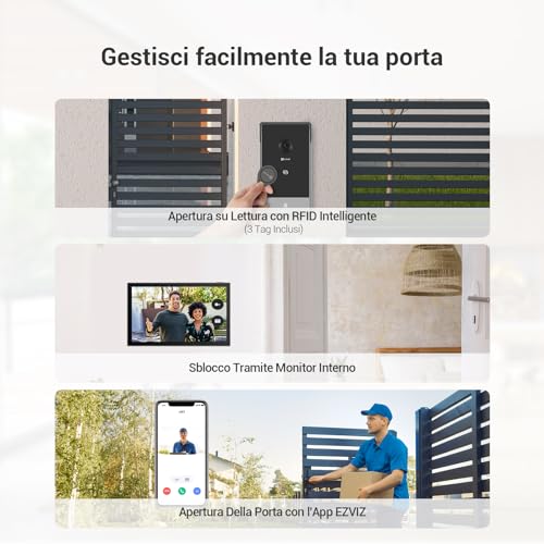 EZVIZ Videocitofono Collegato allo Smartphone, 7 Pollici Touch Monitor, Visione Notturna, Unlock Remote, 2K, Rilevamento Umano, Opzione RFID, Impermeabile CP7 - 7