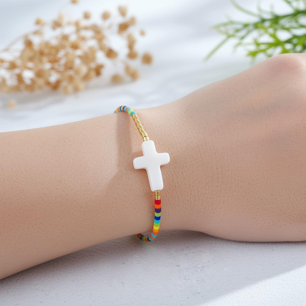 Boho Christian White Cross Colorful Seed Beaded Bracelets for Women Men, Handmade Romantic Latest Adjustable String Glass Gold Jewelry, God Christ Pray Daily Party Friendship Gift - Image 2