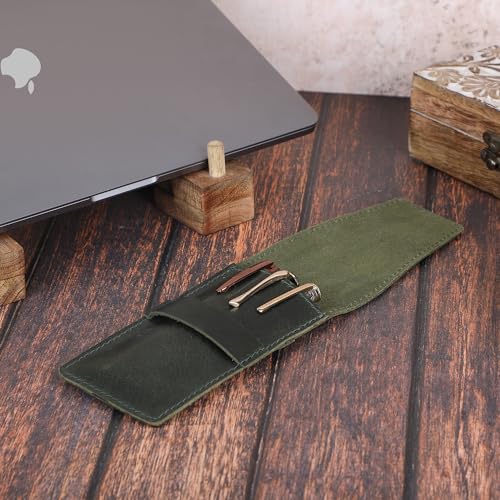 Image of Leather Pen Holder, Genuine 3 Pen Case with Tuck-in Flap, Green Leather Case for Fountain, Ballpoint & Rollerball Pens, Travel Organizer, Luxury Executive Pen Storage Sleeve (3 Pen, Green)
