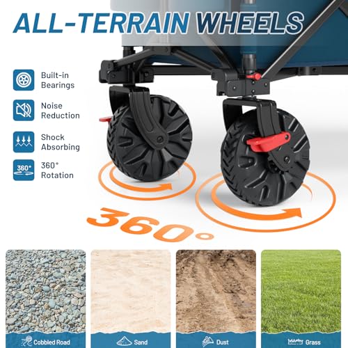 Image of Timber Ridge 51.2 inch Extended Collapsible Wagon, 400L, Blue | Heavy-Duty Utility Cart, All-Terrain Wheels, Brakes & Cargo Net, For Camping, Sports & Shopping