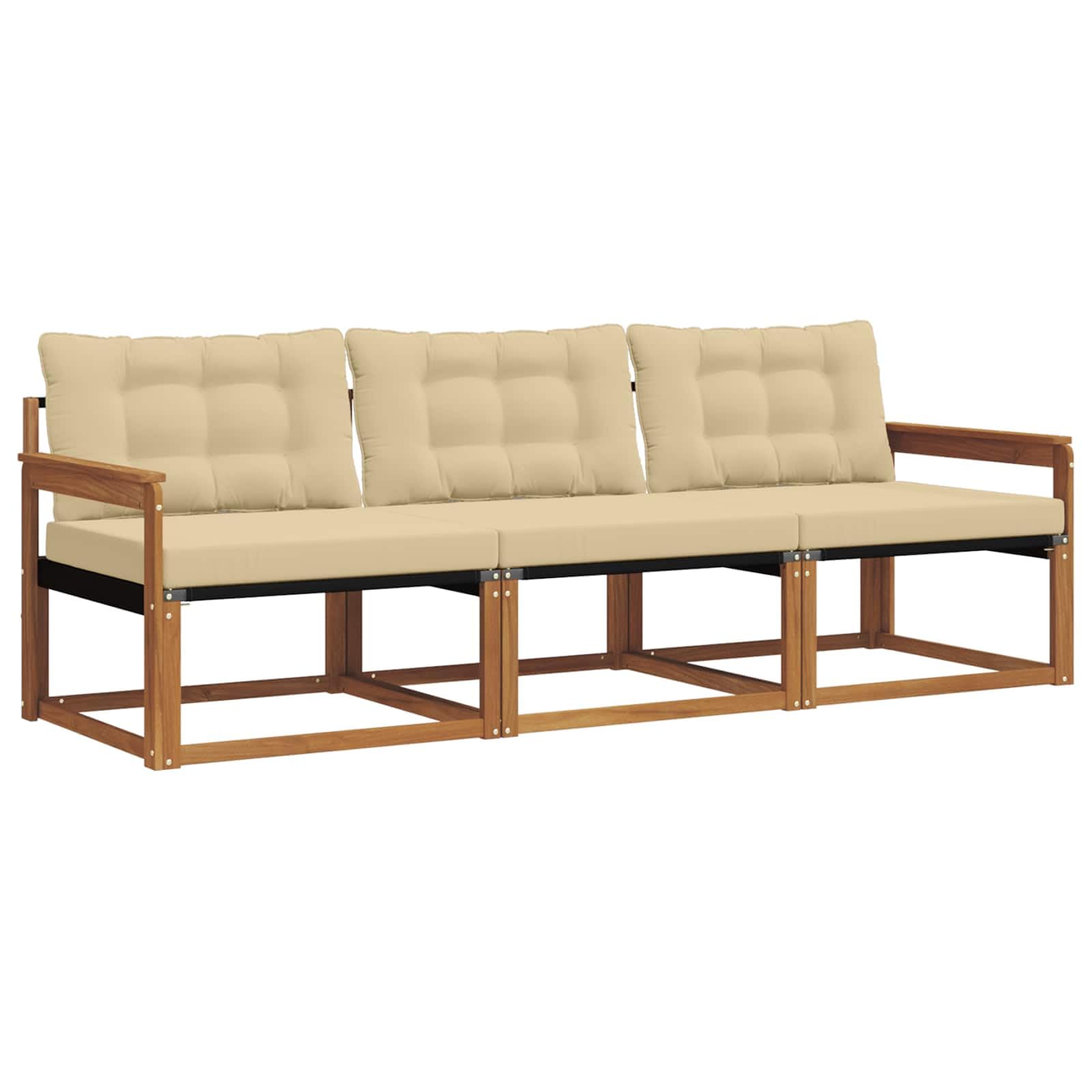 Divano modulare da esterno in legno massello di acacia, set da 3 pezzi con cuscini in colore naturale e beige, per terrazza e giardino