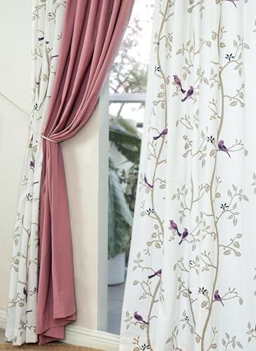 Image of Tranquebar Curtain Co. Window Curtains 5 Feet, 60-65% Room Darkening, Pink Bird Print,Cotton Curtains for Window,Cotton Curtains 5 Feet Set of 3,BackTab Loops,Design Yori Red combo (152 cm) - Set of 3