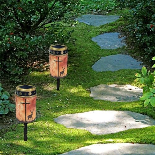 Image of Poceacles 4 Pieces Solar Powered Cross Lights - Flameless Cemetery Votive Candles, Waterproof Memorial Stake Lights for Outdoor Home Decoration, Deer Cross Galaxy Orange