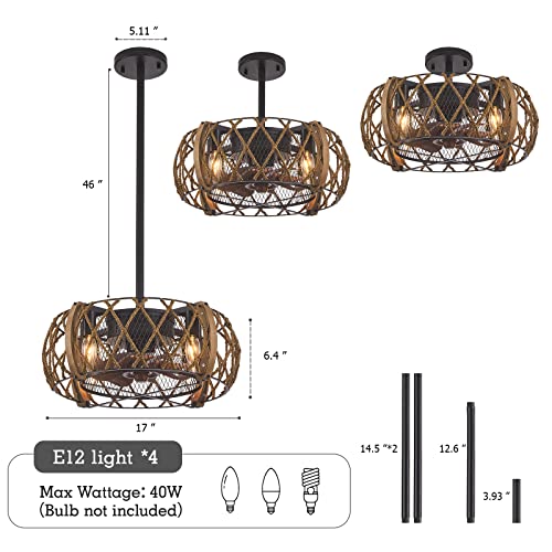 Rustic Ceiling Fans with Lights, 17 Inch Low Profile Caged Ceiling Fan with Lights Remote Control, Farmhouse Bedroom Ceiling Fans for Living Dining Room Kitchen - Image 2