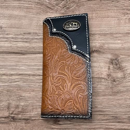 Men’s Long Leather Wallet – Cowboy Praying at Cross Concho – Two-Tone Brown & Black Floral Tooled – Made in Mexico – Western Christian Gift for Cowboys2