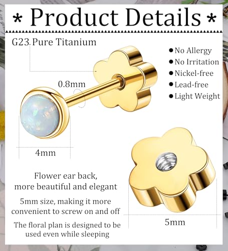 G23 Titanium Opal Earrings for Sensitive Skin Handmade Flower Screw Back Opal Stud Earrings 20g 14K Gold Hypoallergenic Nap Earrings for Helix Cartilage Piercing Gold 4mm3
